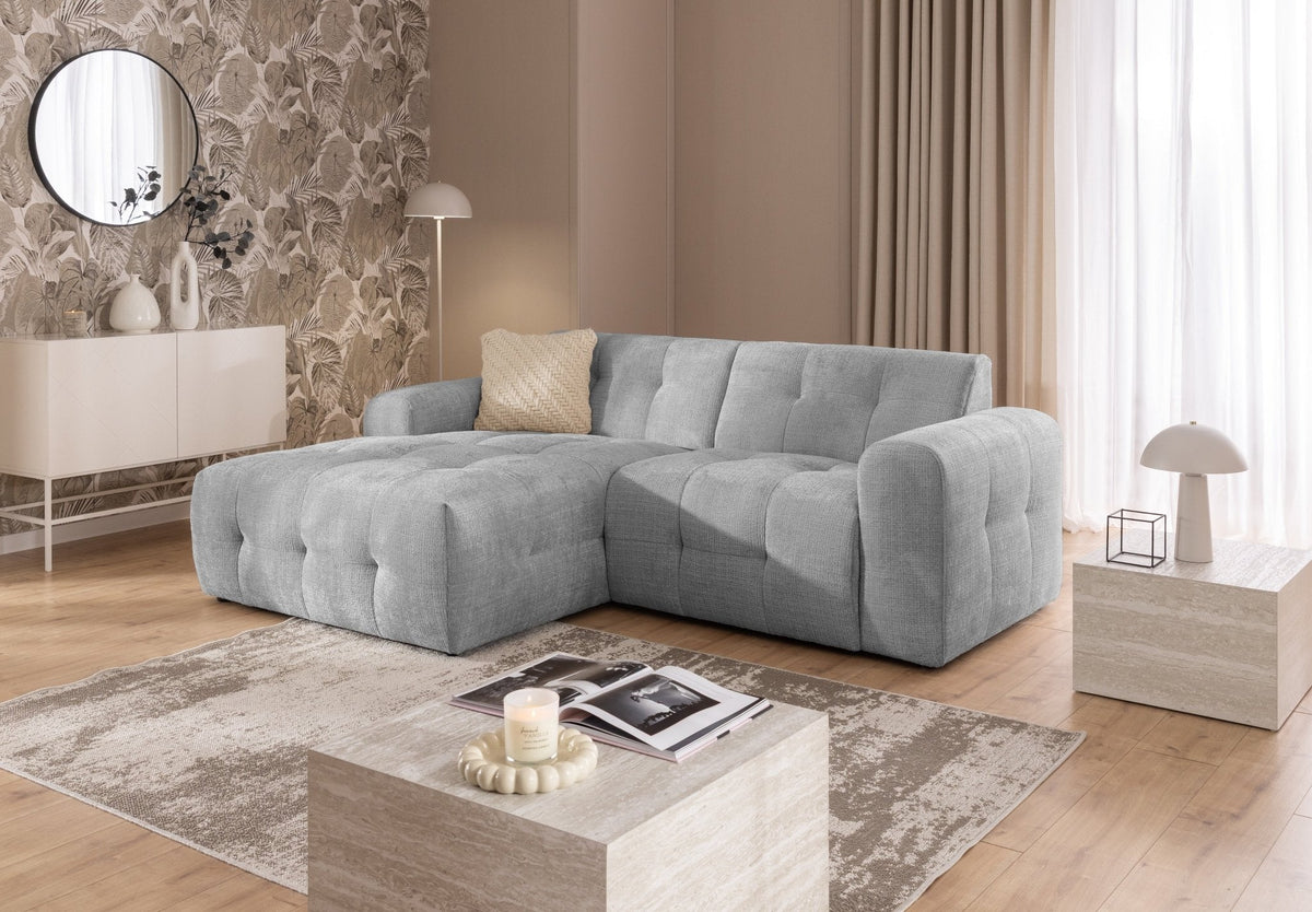 Ecksofa mit raffinierten Steppungen und Ottomane links, Wellenunterfederung, Chenille-Bezug Hellgrau / 21044
