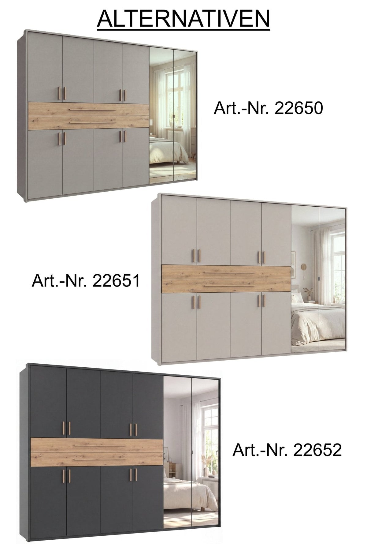 Drehtürenschrank Kleiderschrank B273/H210/T58 cm in Grafit mit 2 großen Schubkästen in Eiche Artisan Dekor, Passepartout & 2 Spiegel / 22652