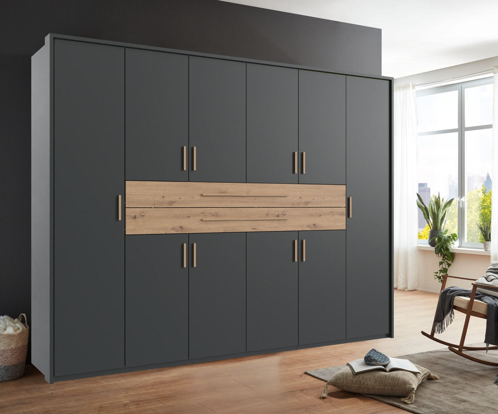 Drehtürenschrank Kleiderschrank B273/H210/T58 cm in Grafit mit  2 großen Schubkästen in Eiche Artisan Dekor / 22646