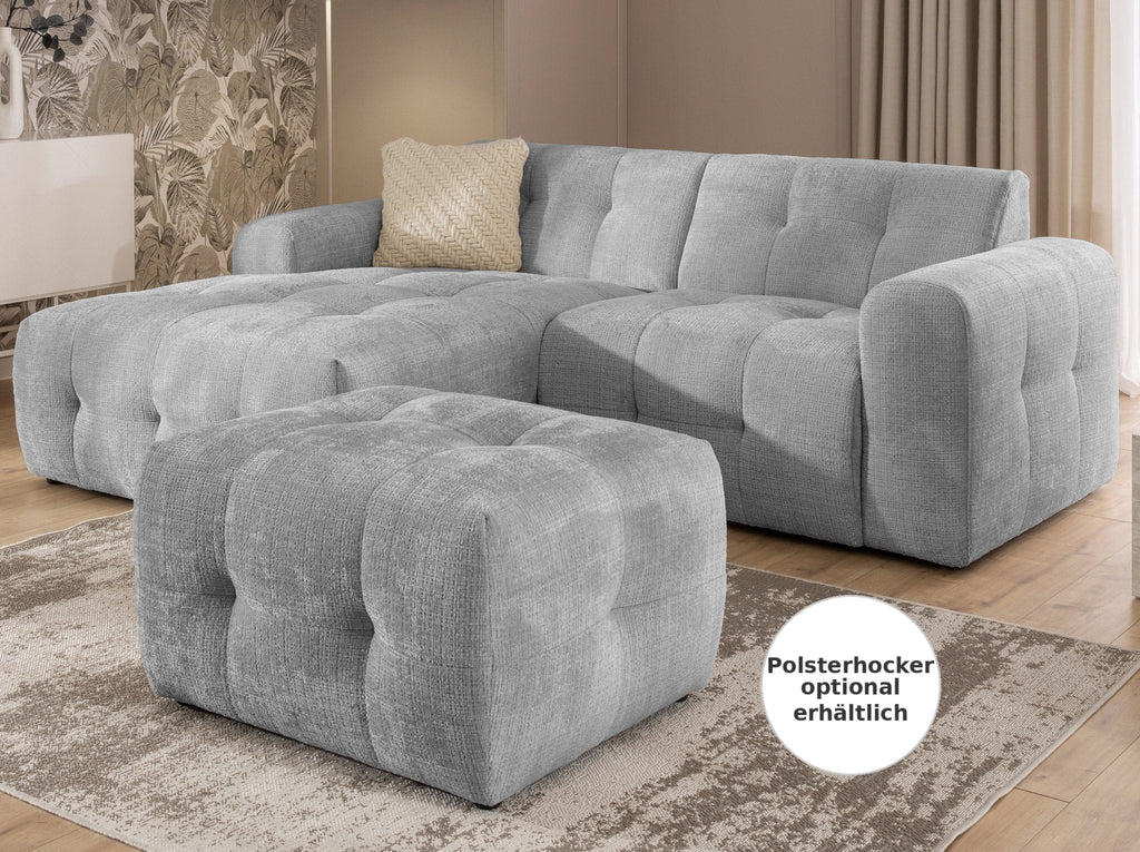 Ecksofa mit raffinierten Steppungen und Ottomane links, Wellenunterfederung, Chenille-Bezug Hellgrau / 21044