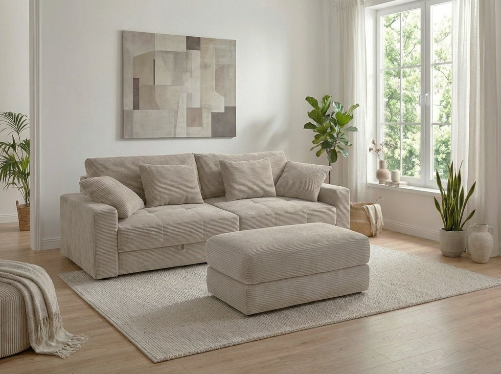 Big-Sofa mit 2 Bettkästen, Wellenunterfederung, Cord-Bezug Beige Grau / 15263