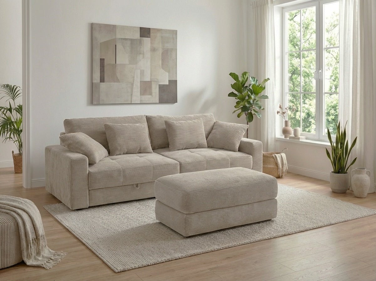Big-Sofa mit 2 Bettkästen, Wellenunterfederung, Cord-Bezug Beige Grau / 15263