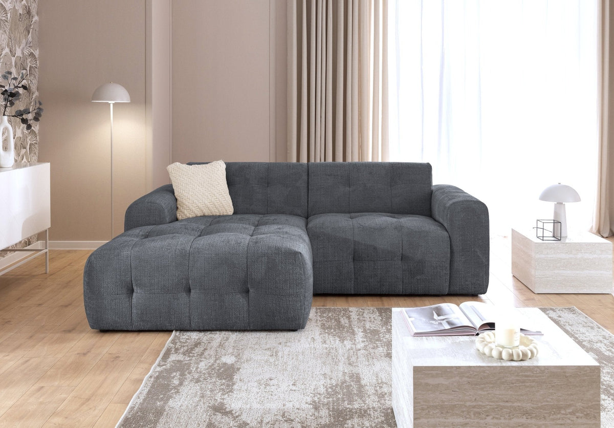 Ecksofa mit raffinierten Steppungen und Ottomane links, Wellenunterfederung, Chenille-Bezug Grau / 21046