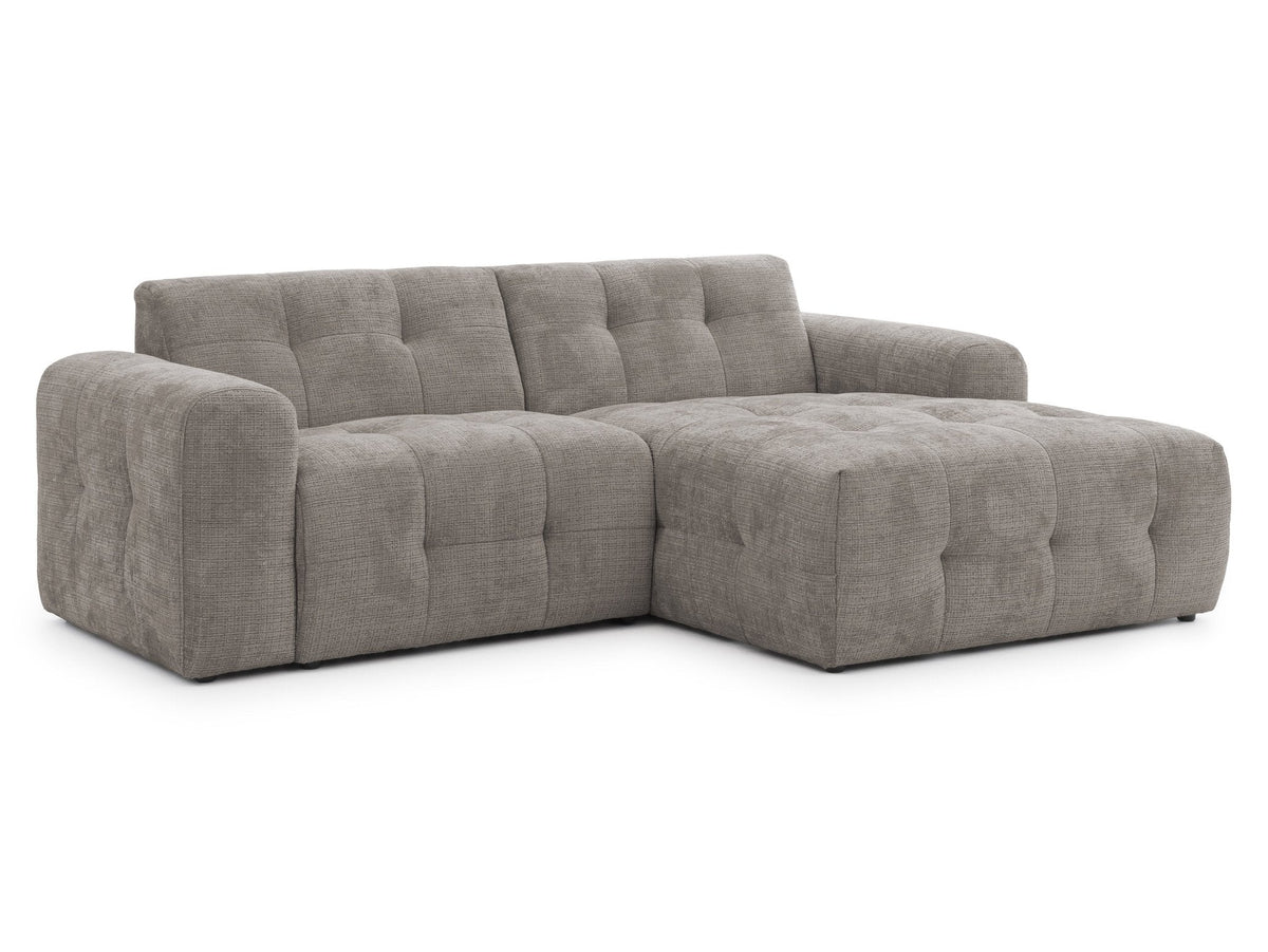 Ecksofa mit raffinierten Steppungen und Ottomane rechts, Wellenunterfederung, Chenille-Bezug Braun Taupe / 21041