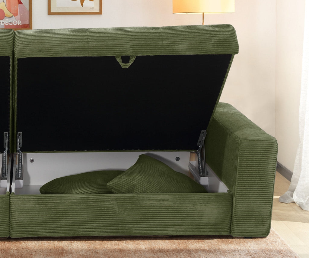 Big-Sofa mit 2 Bettkästen, Wellenunterfederung, Cord-Bezug Grün / 15262