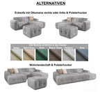 Ecksofa mit raffinierten Steppungen und Ottomane rechts, Wellenunterfederung, Chenille-Bezug Braun Taupe / 21041