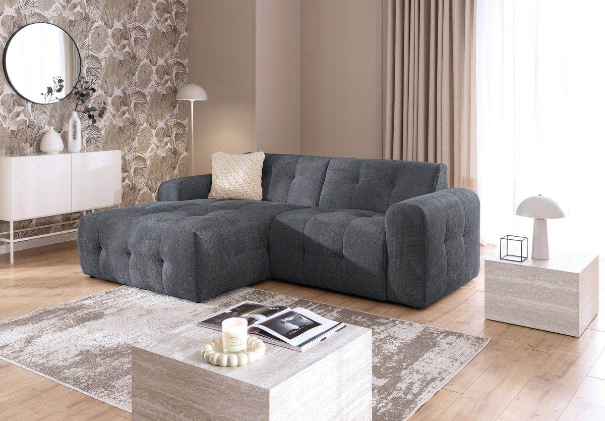 Ecksofa mit raffinierten Steppungen und Ottomane links, Wellenunterfederung, Chenille-Bezug Grau / 21046