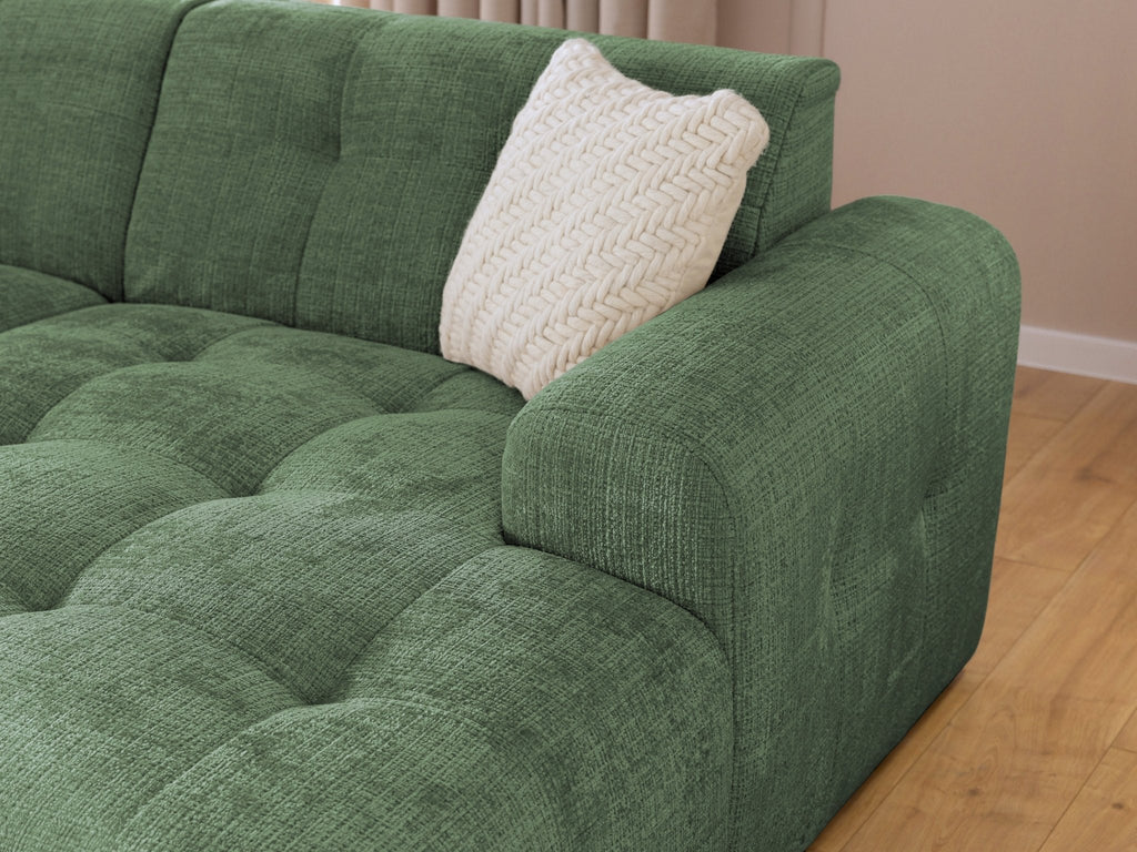 Ecksofa mit raffinierten Steppungen und Ottomane rechts, Wellenunterfederung, Chenille-Bezug Grün / 21039