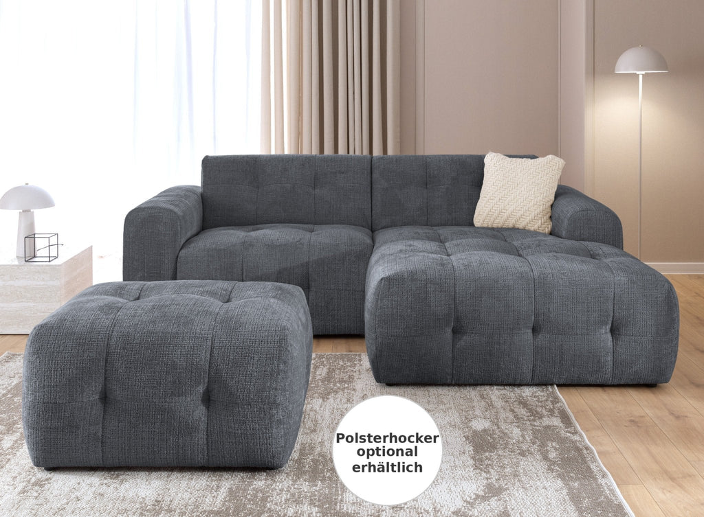 Ecksofa mit raffinierten Steppungen und Ottomane rechts, Wellenunterfederung, Chenille-Bezug Grau / 21045