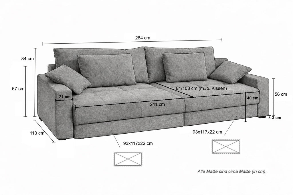 Big-Sofa mit 2 Bettkästen, Wellenunterfederung, Cord-Bezug Beige Grau / 15263