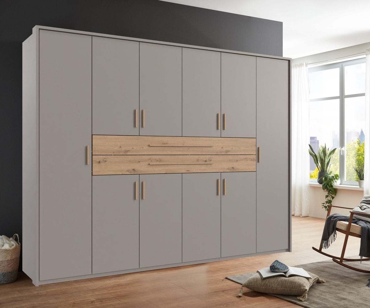 Drehtürenschrank Kleiderschrank B273/H210/T58 cm in Sandgrau mit  2 großen Schubkästen in Eiche Artisan Dekor / 22644