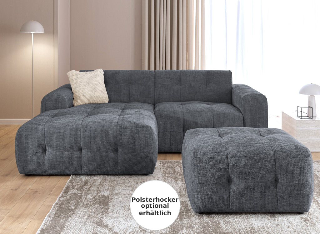 Ecksofa mit raffinierten Steppungen und Ottomane links, Wellenunterfederung, Chenille-Bezug Grau / 21046