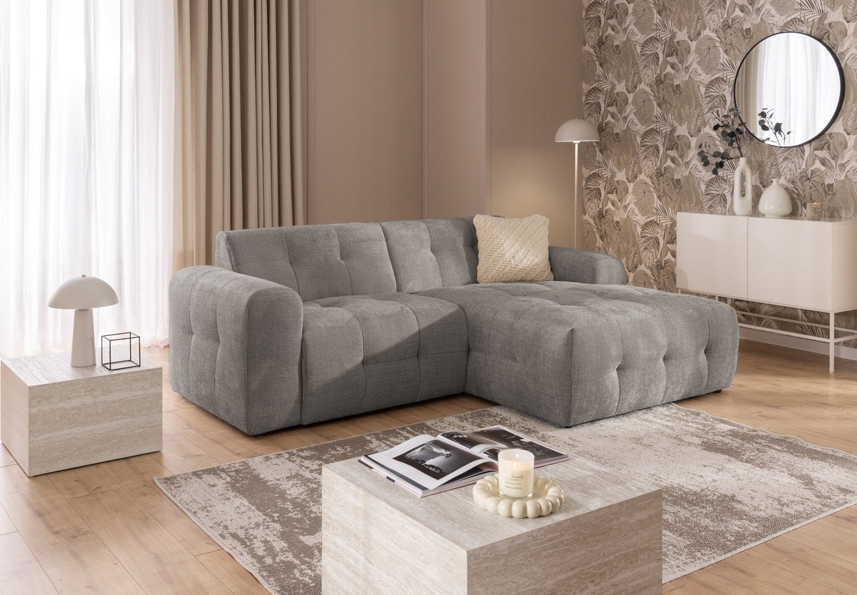 Ecksofa mit raffinierten Steppungen und Ottomane rechts, Wellenunterfederung, Chenille-Bezug Braun Taupe / 21041