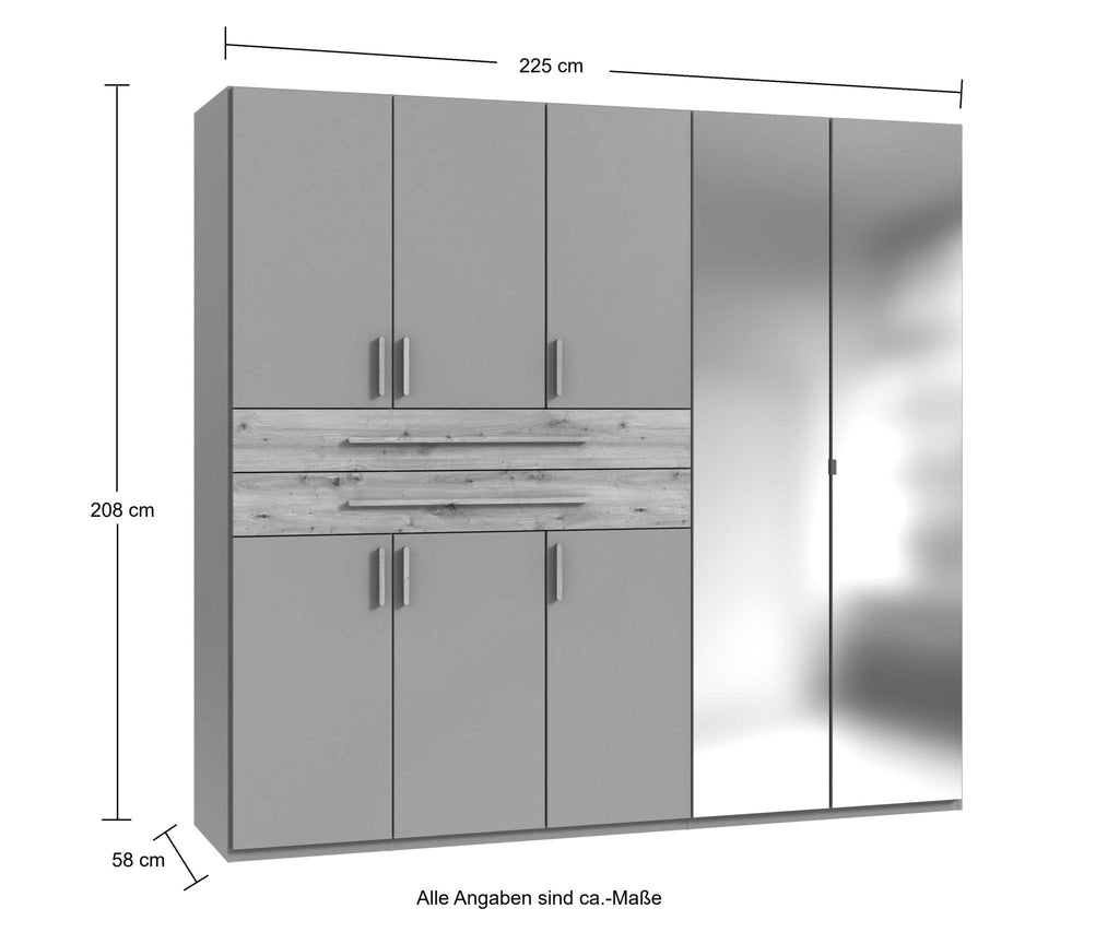 Drehtürenschrank Kleiderschrank B225/H208/T58 cm in Sandgrau mit 2 großen Schubkästen in Eiche Artisan Dekor & 2 Spiegeln / 22635