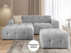 Ecksofa mit raffinierten Steppungen und Ottomane links, Wellenunterfederung, Chenille-Bezug Hellgrau / 21044
