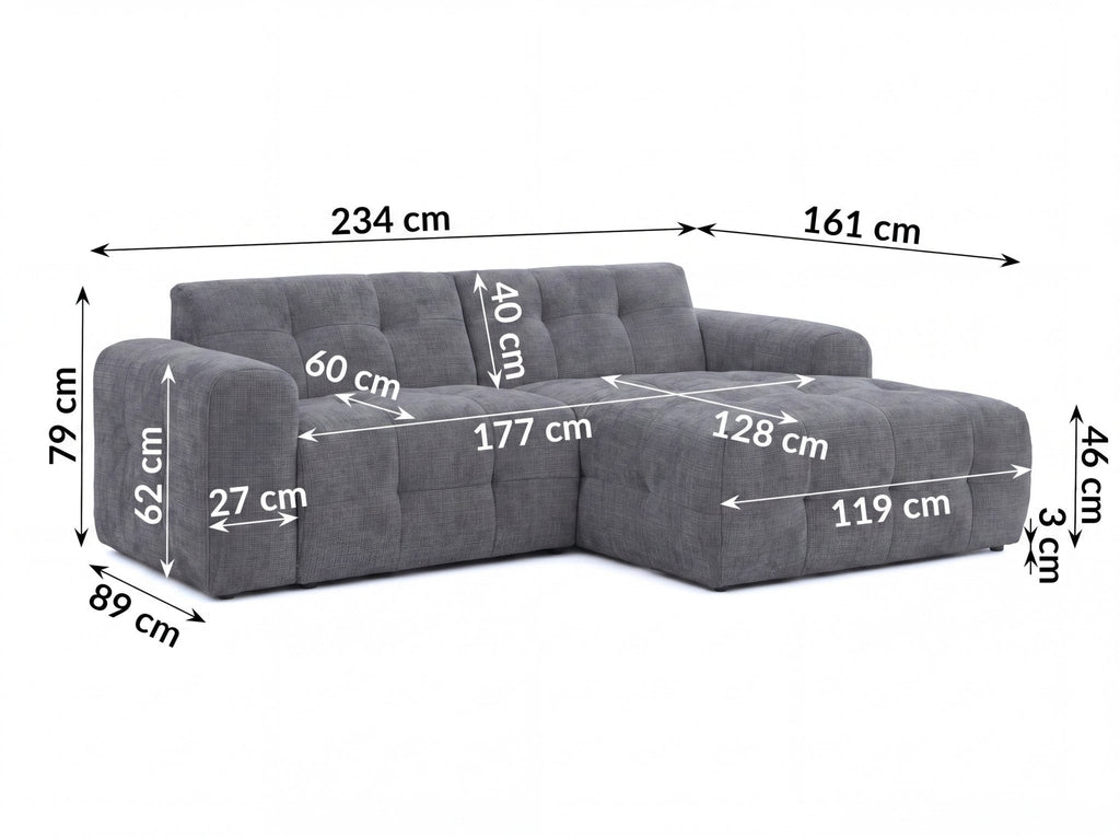 Ecksofa mit raffinierten Steppungen und Ottomane rechts, Wellenunterfederung, Chenille-Bezug Grau / 21045