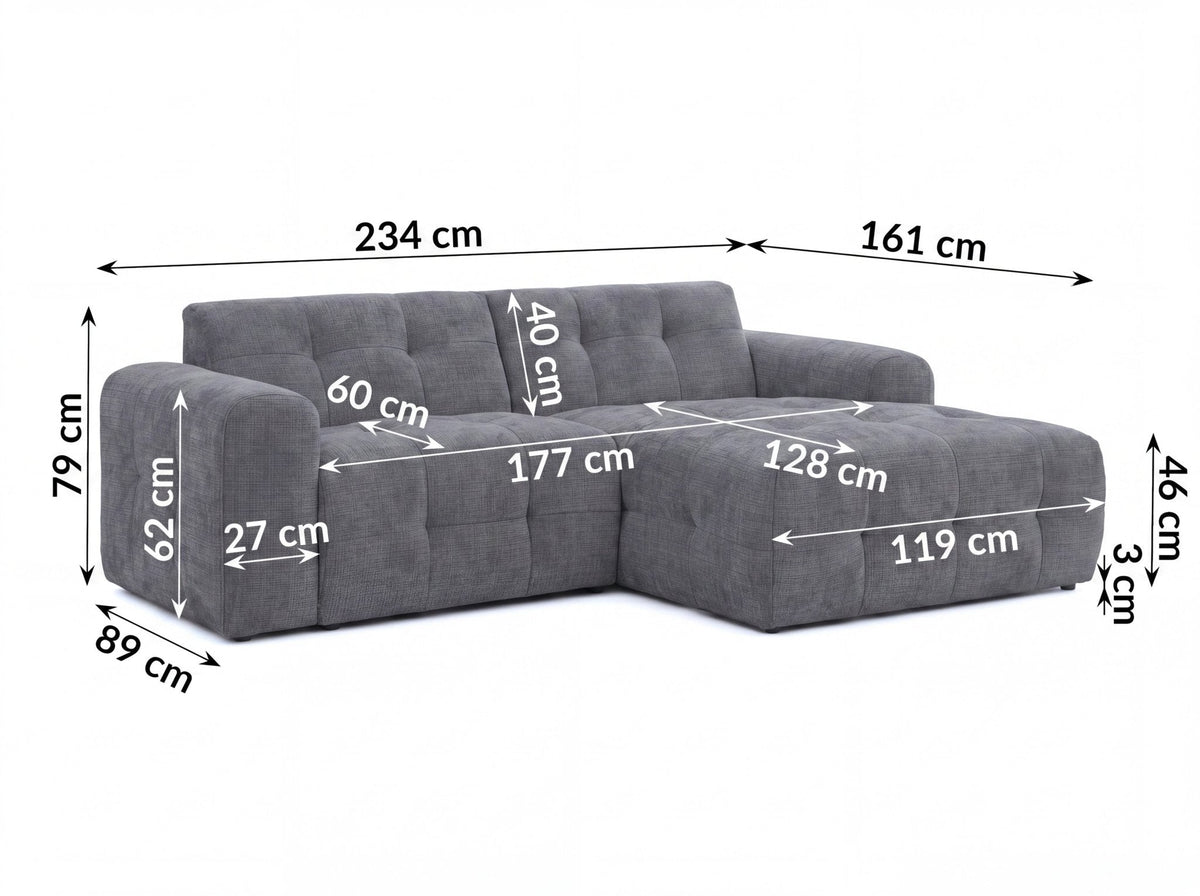 Ecksofa mit raffinierten Steppungen und Ottomane rechts, Wellenunterfederung, Chenille-Bezug Grau / 21045
