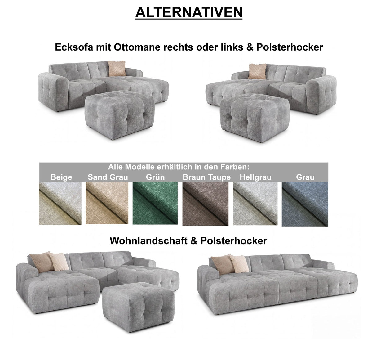 Ecksofa mit raffinierten Steppungen und Ottomane rechts, Wellenunterfederung, Chenille-Bezug Grün / 21039