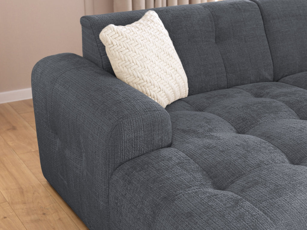 Ecksofa mit raffinierten Steppungen und Ottomane links, Wellenunterfederung, Chenille-Bezug Grau / 21046