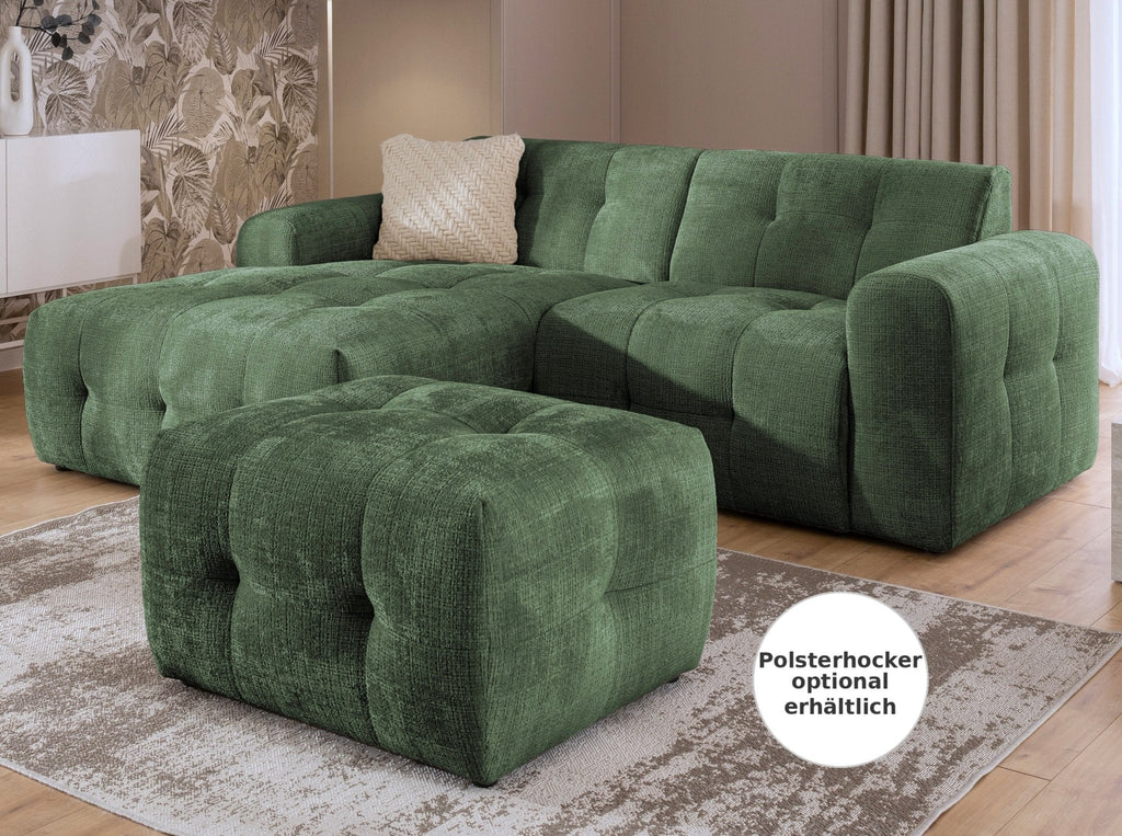 Ecksofa mit raffinierten Steppungen und Ottomane links, Wellenunterfederung, Chenille-Bezug Grün / 21040